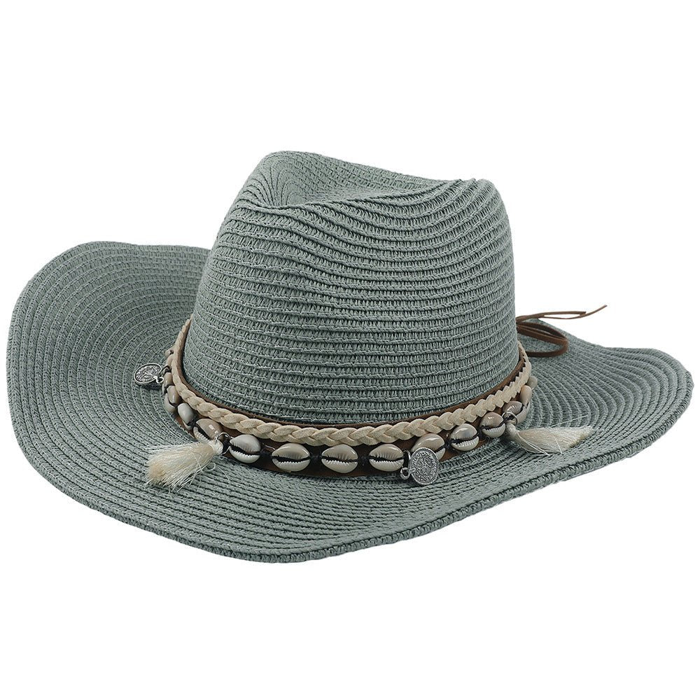 Sombrero de vaquero de paja para mujer con banda de conchas