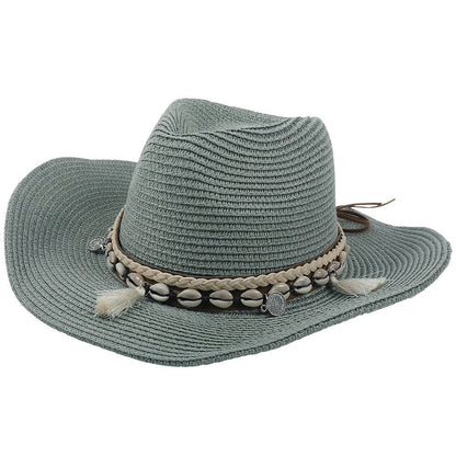 Sombrero de vaquero de paja para mujer con banda de conchas