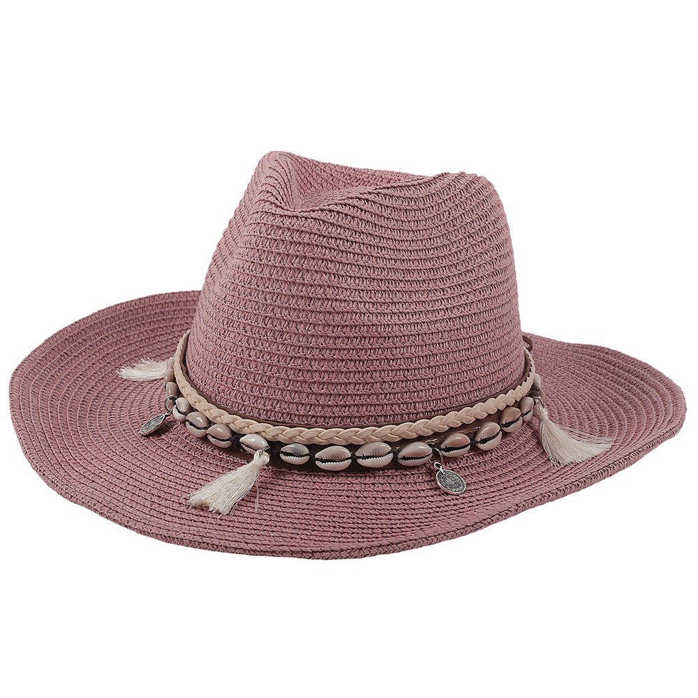 Sombrero de vaquero de paja para mujer con banda de conchas