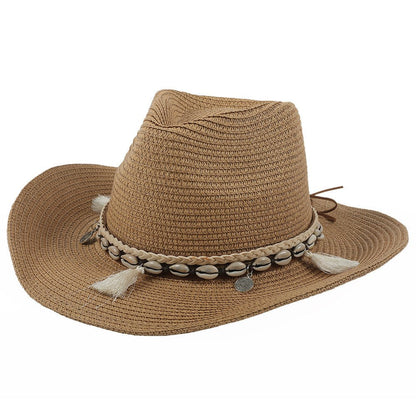 Sombrero de vaquero de paja para mujer con banda de conchas