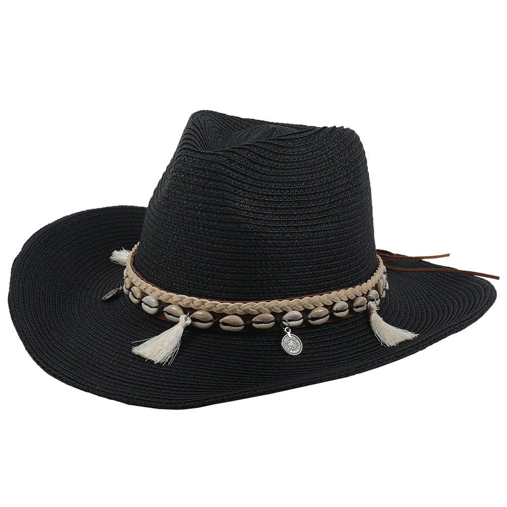 Sombrero de vaquero de paja para mujer con banda de conchas
