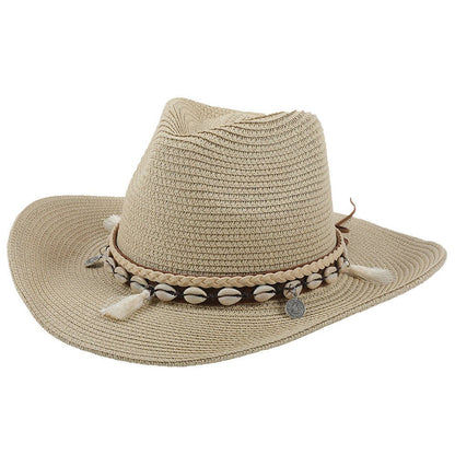 Sombrero de vaquero de paja para mujer con banda de conchas