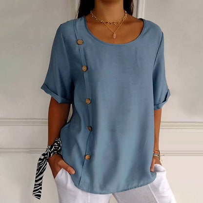 Blusa mujer lino oversize botones laterales cuello redondo verano
