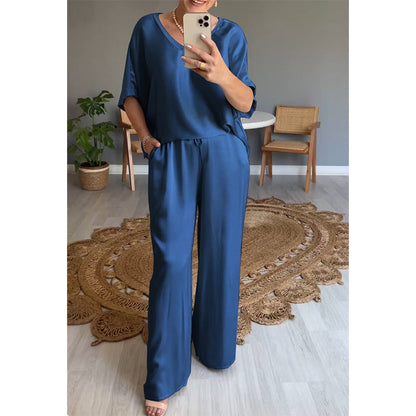 Conjunto mujer satinado oversize elegante pantalón ancho fluido