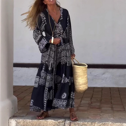 Vestido largo mujer étnico tribal cuello V cinturón mangas acampanadas