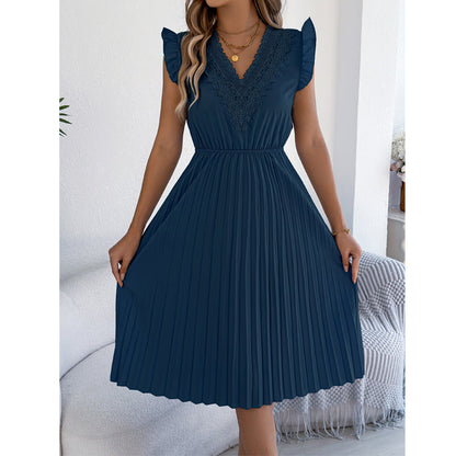 Vestido midi poliéster plisado con encaje para ocasión elegante