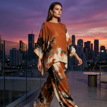 Conjunto mujer dos piezas túnica oversized abstracto pantalón ancho satén