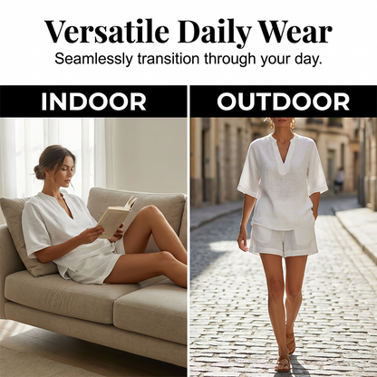 Conjunto mujer verano elegante con blusa cuello V y shorts