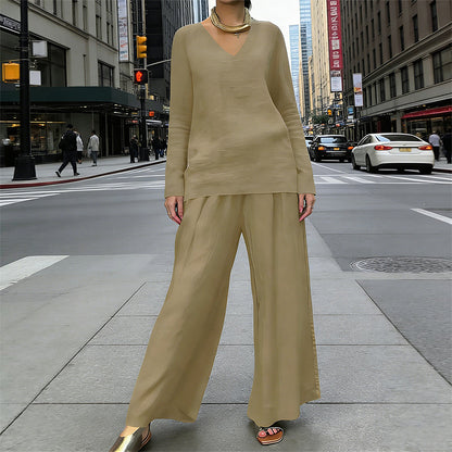 Conjunto mujer fluido con escote en V y pantalón ancho elegante