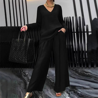 Conjunto mujer fluido con escote en V y pantalón ancho elegante