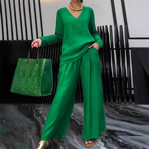 Conjunto mujer fluido con escote en V y pantalón ancho elegante