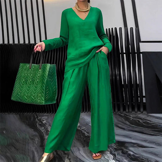 Conjunto mujer fluido con escote en V y pantalón ancho elegante