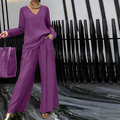 Conjunto mujer fluido con escote en V y pantalón ancho elegante