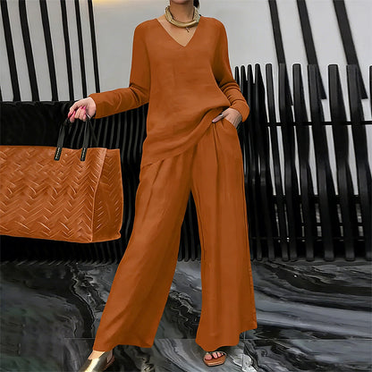 Conjunto mujer fluido con escote en V y pantalón ancho elegante