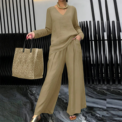 Conjunto mujer fluido con escote en V y pantalón ancho elegante