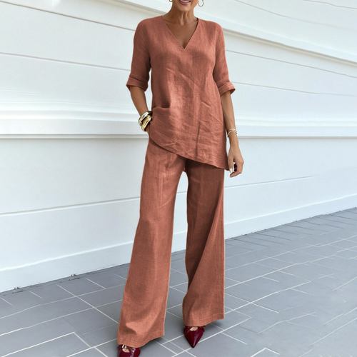Conjunto de lino y algodón para mujer con pantalón ancho