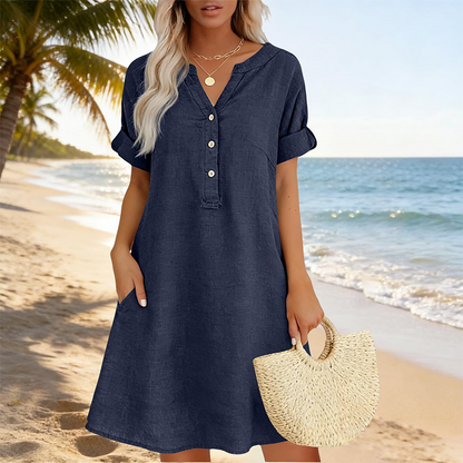 Vestido túnica de algodón para damas con cuello en V y bolsillos
