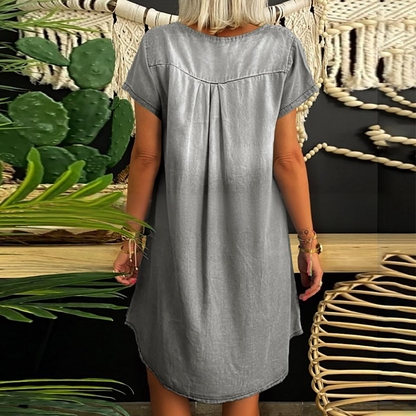 Vestido de denim para mujer con escote en V y mangas cortas