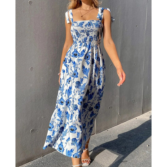 Vestido de poliéster largo fruncido floral para verano elegante