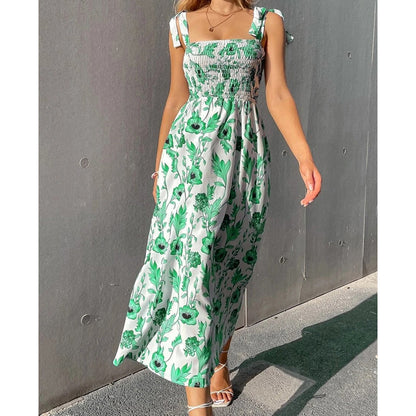 Vestido de poliéster largo fruncido floral para verano elegante