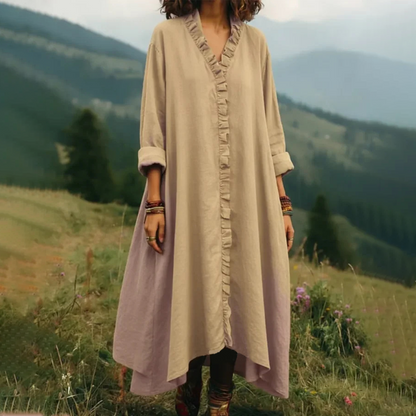 Vestido largo para mujer con cuello en V y volantes