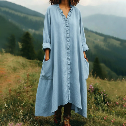 Vestido largo para mujer con cuello en V y volantes