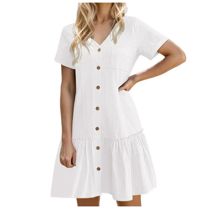 Vestido corto mujer algodón lino con botones y volante verano