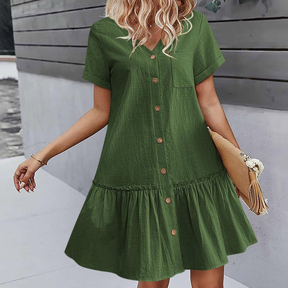 Vestido corto mujer algodón lino con botones y volante verano
