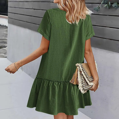 Vestido corto mujer algodón lino con botones y volante verano
