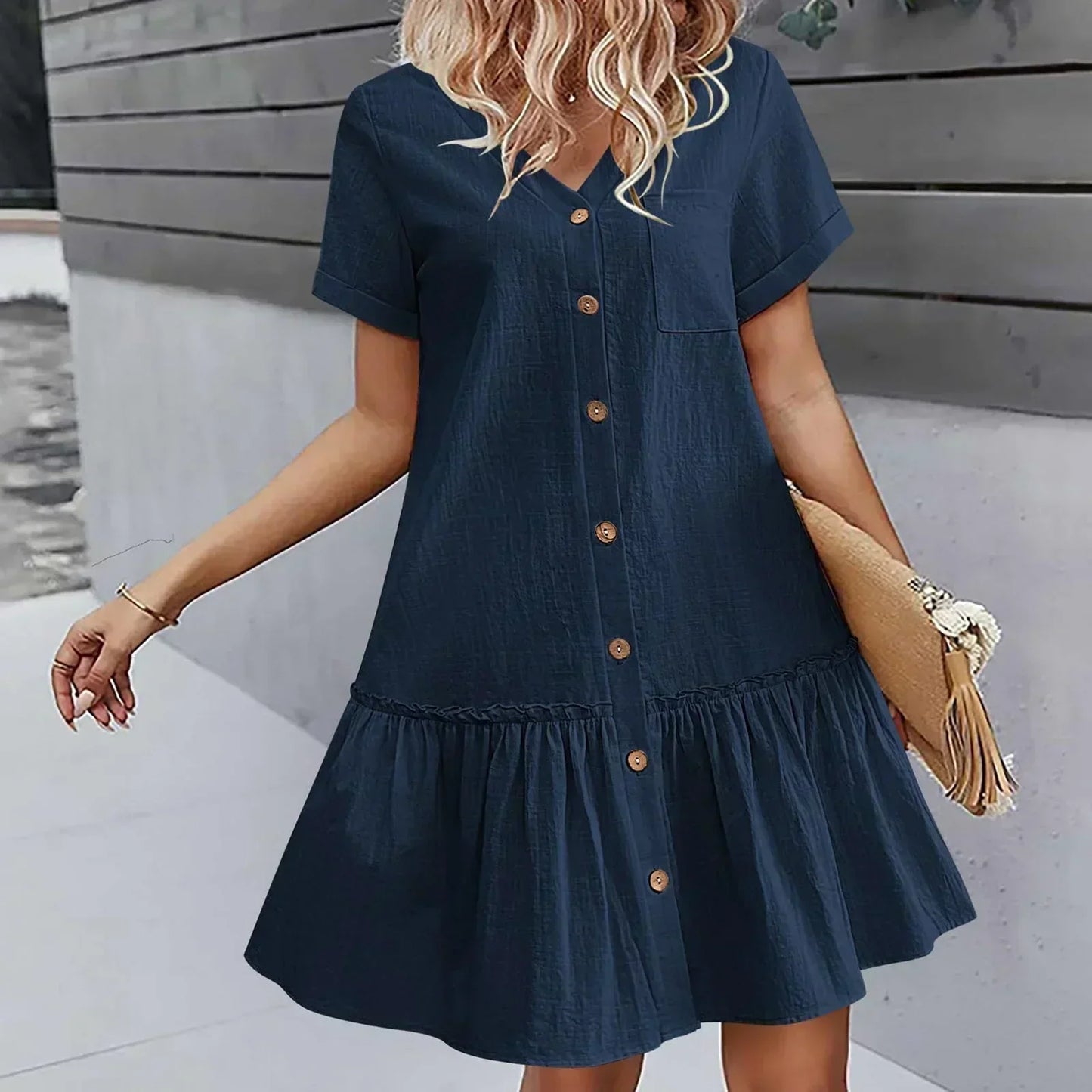 Vestido corto mujer algodón lino con botones y volante verano
