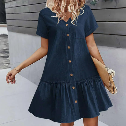 Vestido corto mujer algodón lino con botones y volante verano