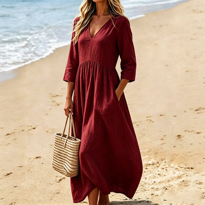 Vestido largo poliéster efecto seda con cuello en V casual chic