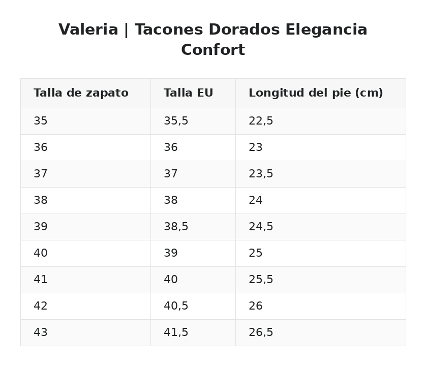 Valeria | Tacones Dorados Elegancia Confort — guía de tallas