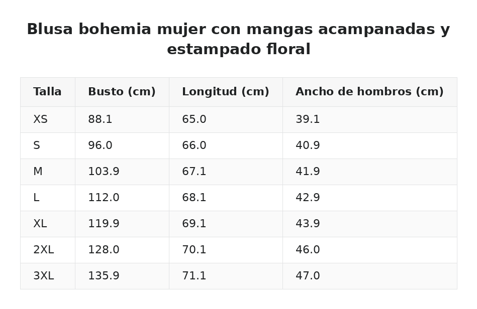Blusa bohemia mujer con mangas acampanadas y estampado floral — guía de tallas