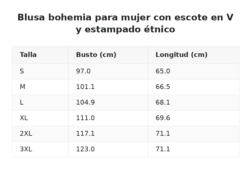 Blusa bohemia para mujer con escote en V y estampado étnico — guía de tallas