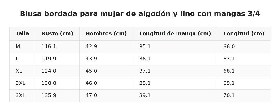Blusa bordada para mujer de algodón y lino con mangas 3/4 — guía de tallas