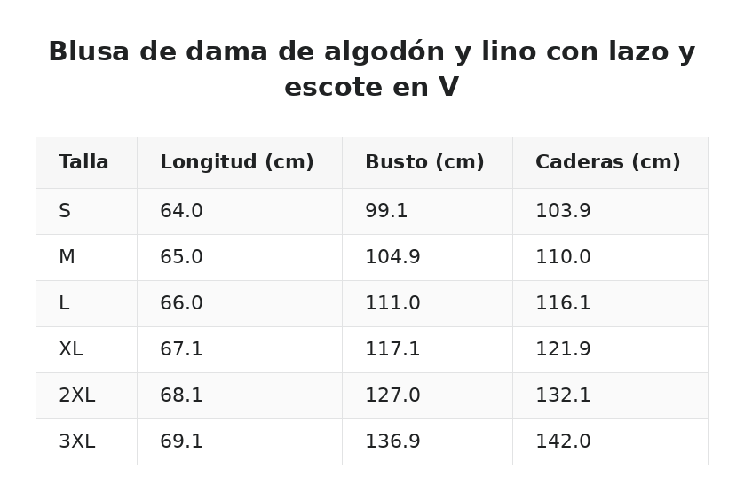 Blusa de dama de algodón y lino con lazo y escote en V — guía de tallas