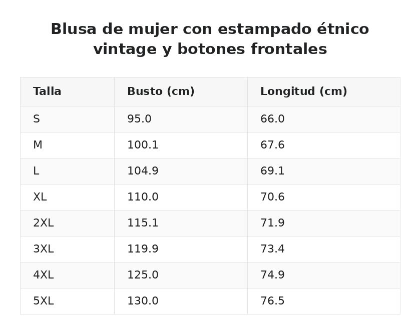Blusa de mujer con estampado étnico vintage y botones frontales — guía de tallas