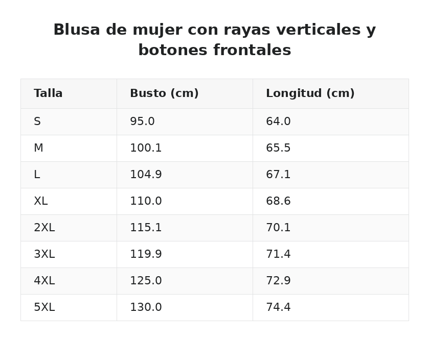 Blusa de mujer con rayas verticales y botones frontales — guía de tallas