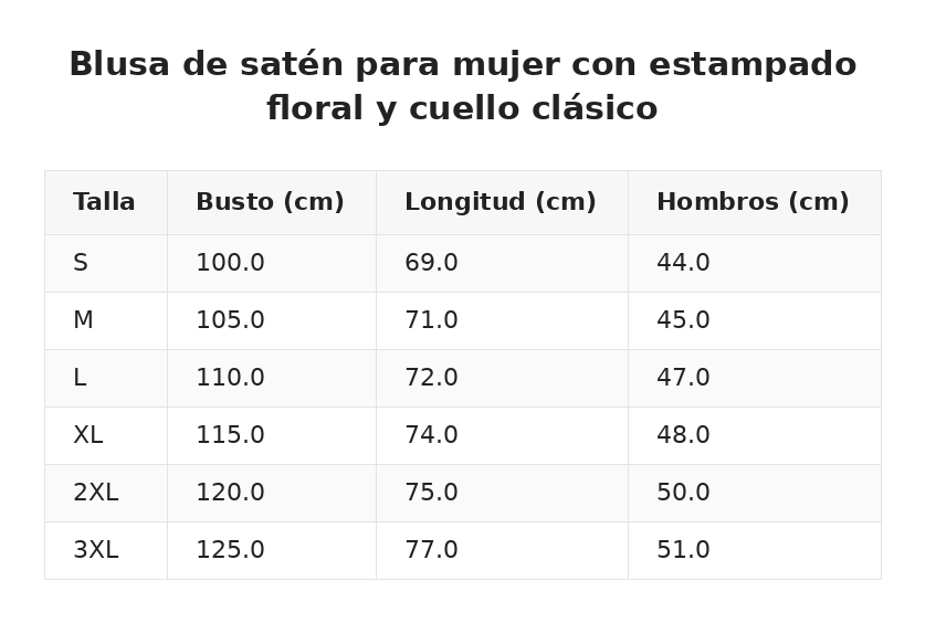 Blusa de satén para mujer con estampado floral y cuello clásico — guía de tallas
