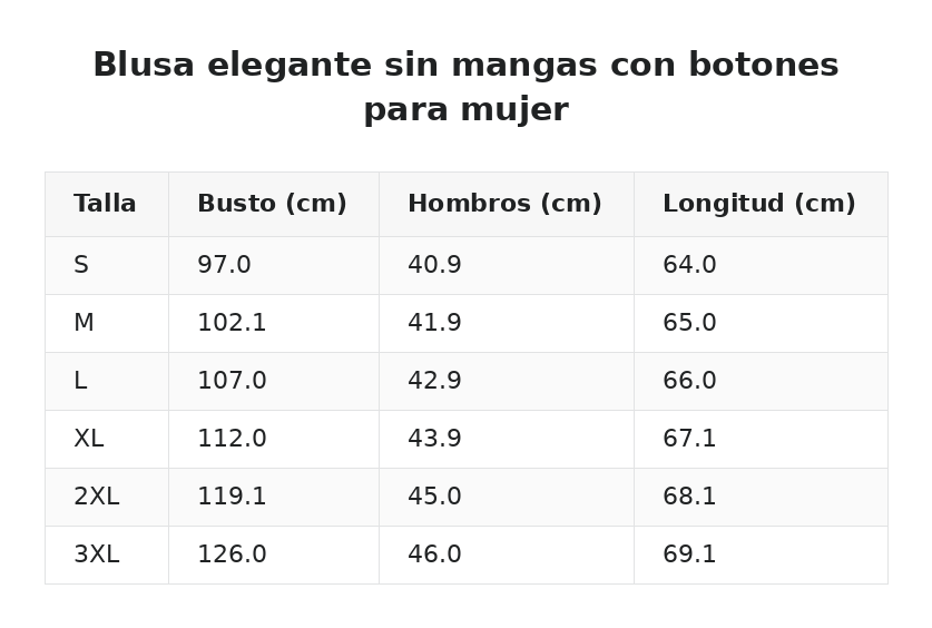 Blusa elegante sin mangas con botones para mujer — guía de tallas