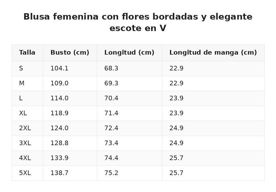 Blusa femenina con flores bordadas y elegante escote en V — guía de tallas