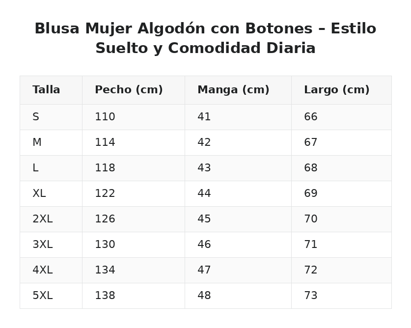 Blusa Mujer Algodón con Botones – Estilo Suelto y Comodidad Diaria — guía de tallas
