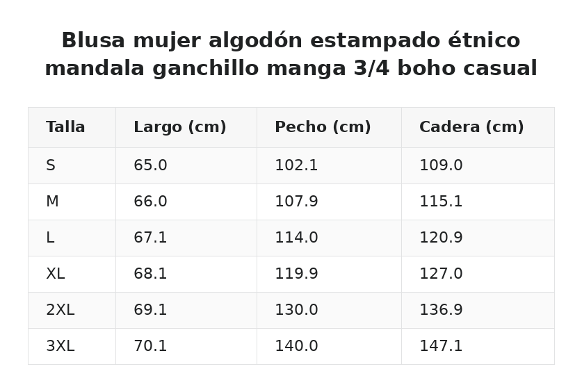 Blusa mujer algodón estampado étnico mandala ganchillo manga 3/4 boho casual — guía de tallas