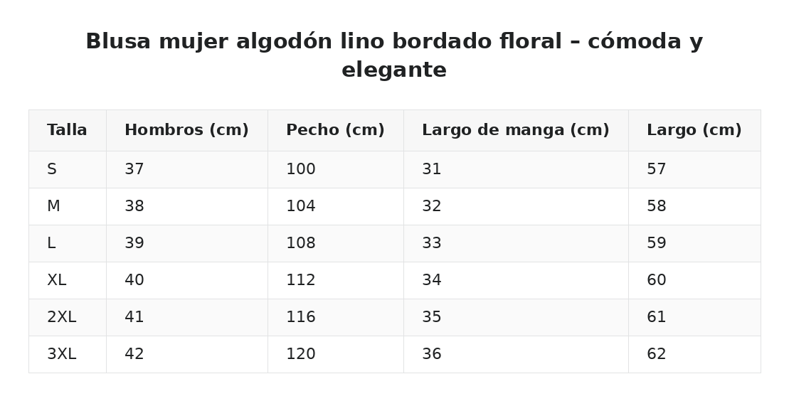 Blusa mujer algodón lino bordado floral – cómoda y elegante — guía de tallas