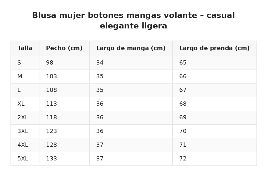 Blusa mujer botones mangas volante – casual elegante ligera — guía de tallas