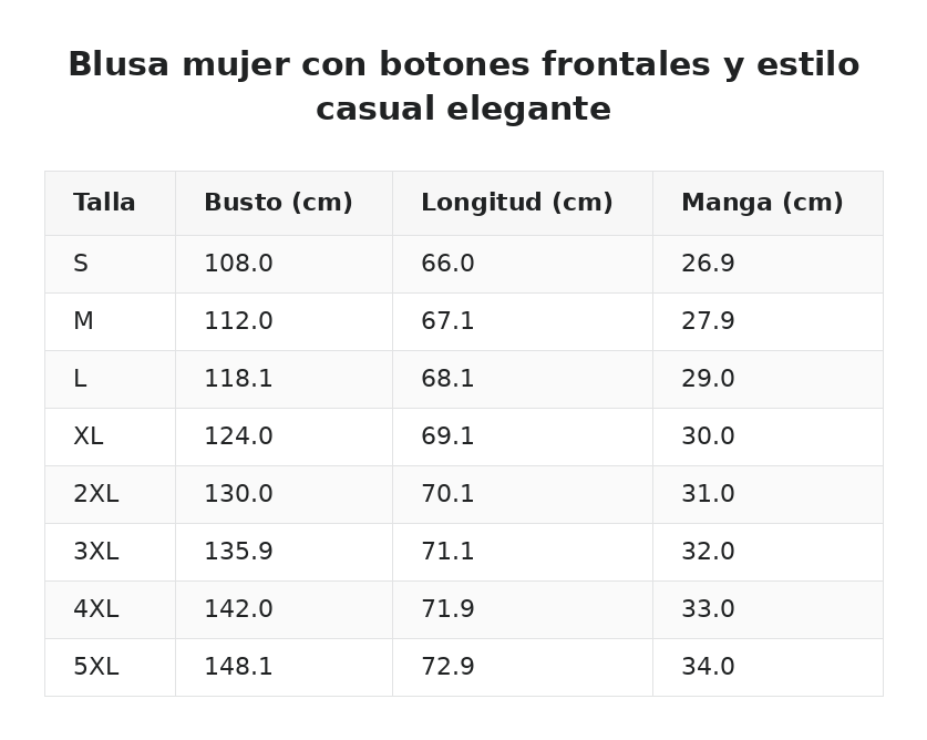 Blusa mujer con botones frontales y estilo casual elegante — guía de tallas
