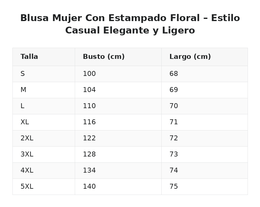 Blusa Mujer Con Estampado Floral – Estilo Casual Elegante y Ligero — guía de tallas