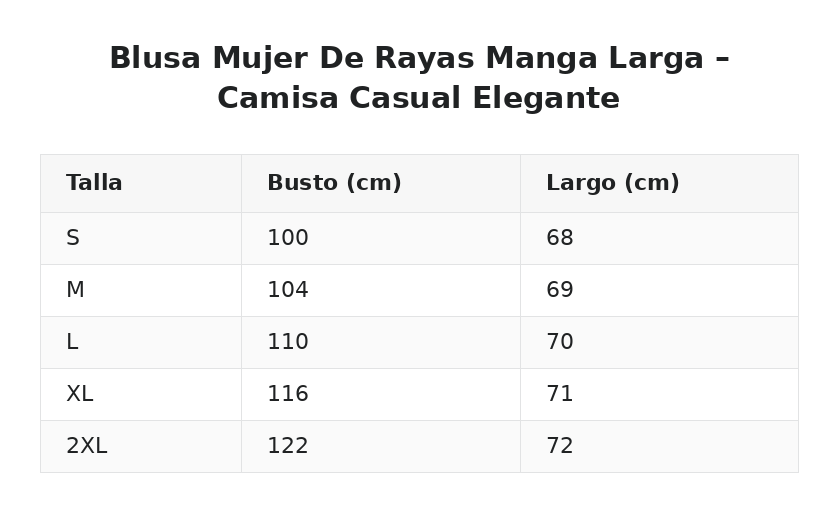 Blusa Mujer De Rayas Manga Larga – Camisa Casual Elegante — guía de tallas