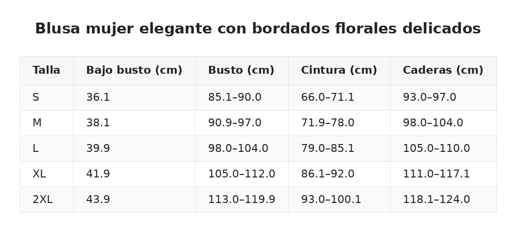 Blusa mujer elegante con bordados florales delicados — guía de tallas